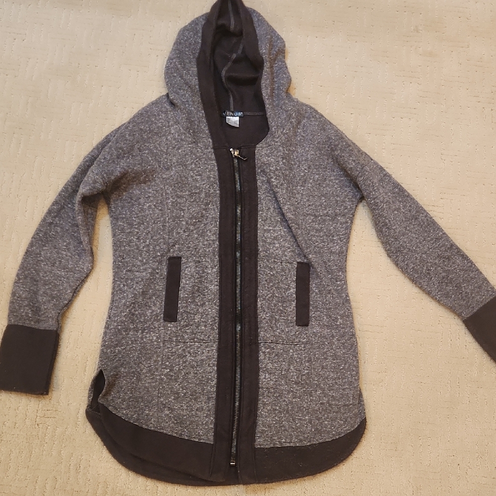 VENUS Charcoal and Black Hooded Sweatshirt Material Zip Up Jacket - 30 In Long